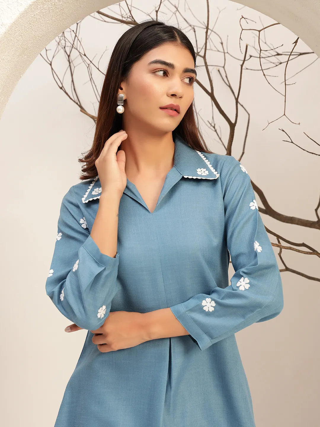 Blue Color With Collar Neck Casual Tunic With Trouser Co-Ords Set